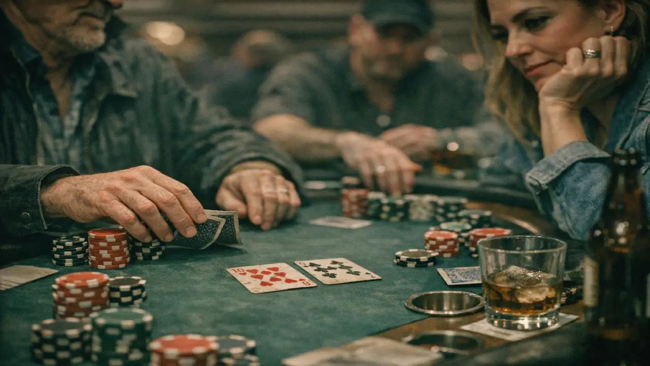 Players at a casino card table handling chips and cards, showing real-life gambling rituals and behaviors