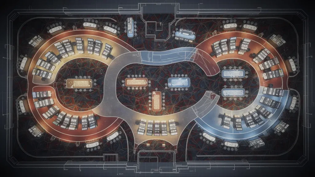 Top-down blueprint of a casino floor layout with curved pathways, slot machines, and table games designed to guide player movement and attention